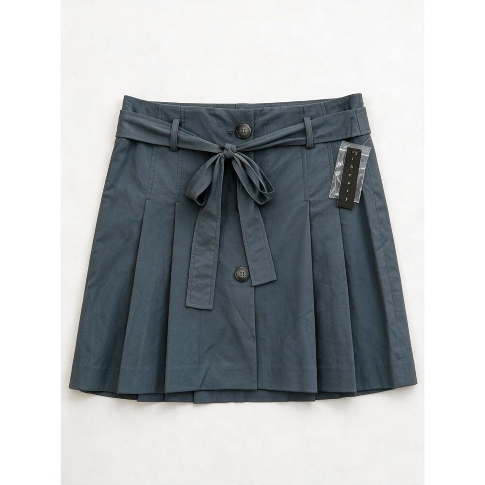 NWT Theory Cotton Slate Grey Blue Belted Pleated Mini Skirt Workwear 10 Y2K 90s